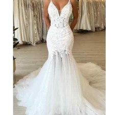 Tulle Mermaid Wedding Dresses V Neck Lace Applique Long Tulle Bridal Gowns Train