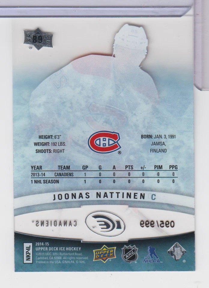 Joonas Nattinen Canadiens 2014-15 Upper Deck Premieres 95/999 #89 122622AZCD39 - Image 2 of 2