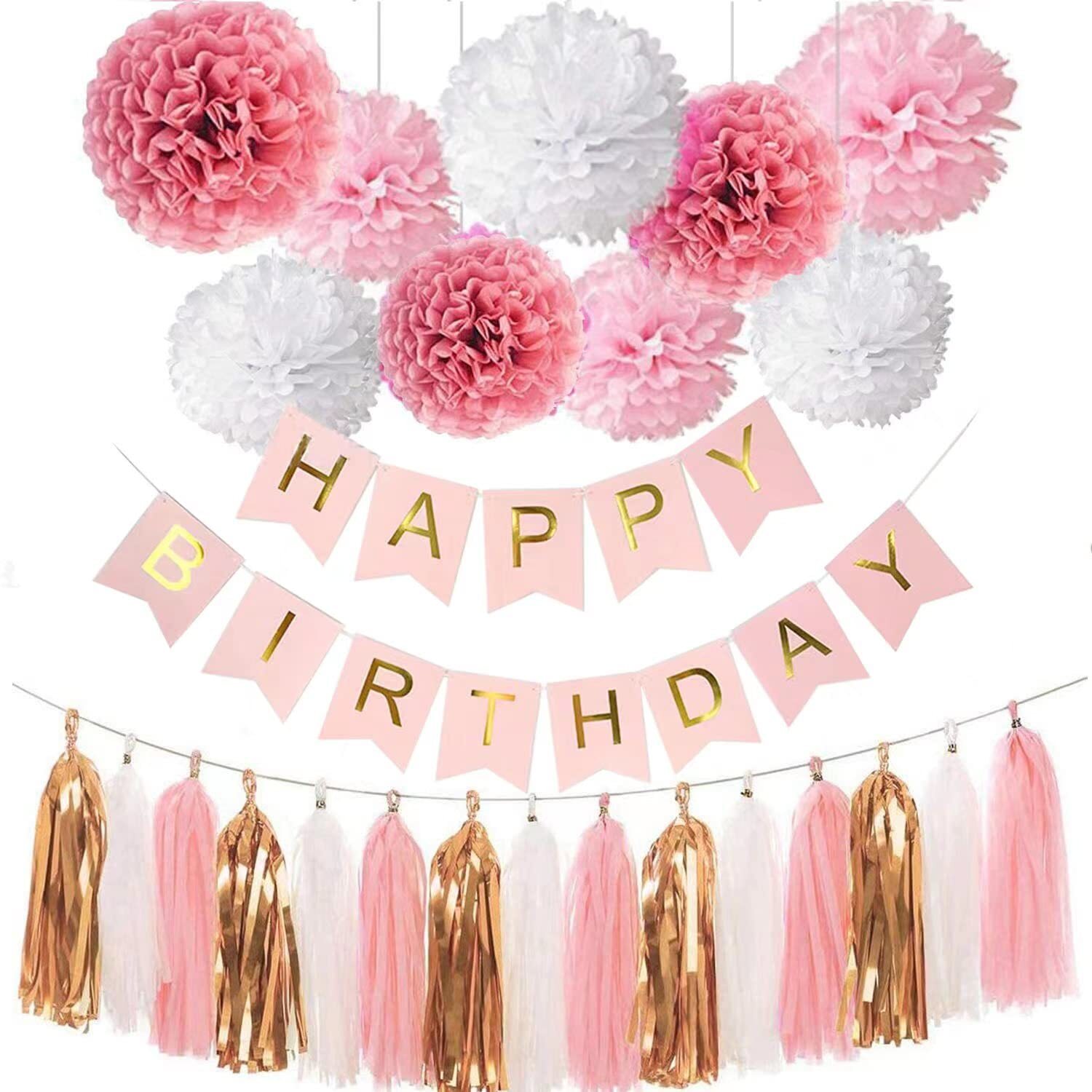 Pink Gold Glitter Happy Birthday Party Decorations Set