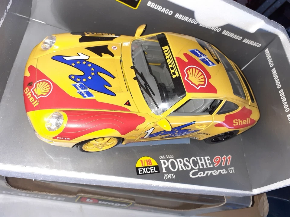 BURAGO 1/18 Scala Diecast 3360 Porsche 911 Carrera Gt 1993 #1 Giallo - Immagine 3 di 4