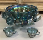 VINTAGE INDIANA GLASS CARNIVAL GLASS PUNCH BOWL SET