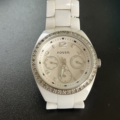 Fossil Womens White Ceramic Bracelet White Pearl Swarovski Crystal Bezel CE 1010