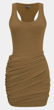 Ruched Sleeveless Tank Top Mini Dress With Accent Fabric - Light Brown