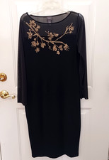 Chico's Travelers Black Dress Long Mesh Sleeves Gold Flowers Womens Size 1 (M)