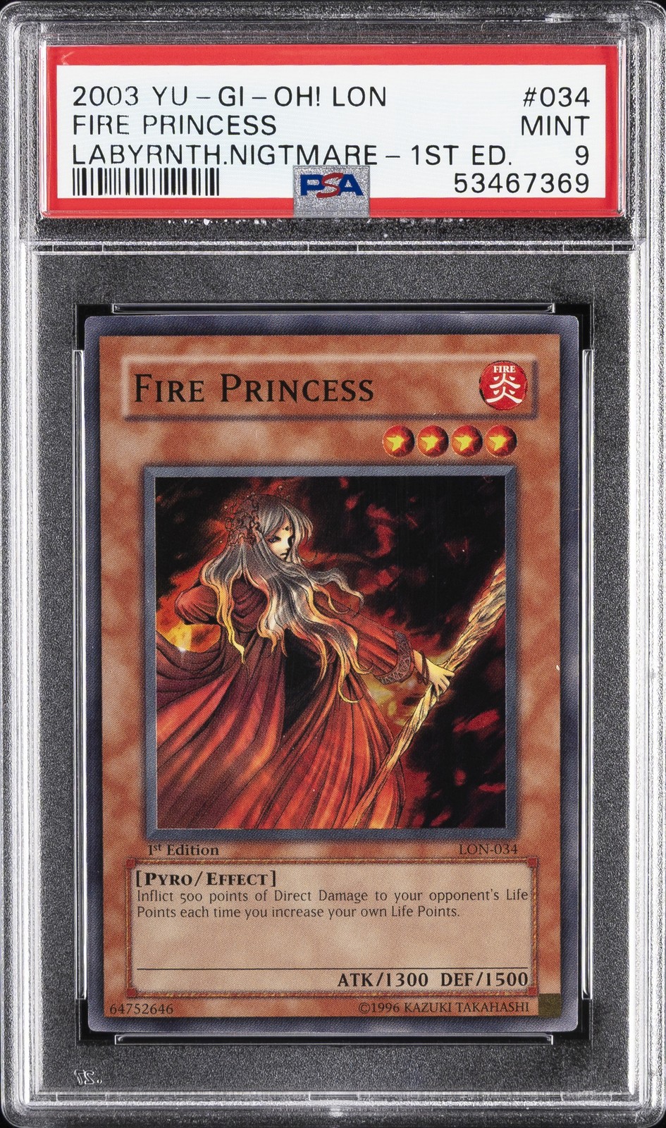 2003 YU-GI-OH! LON-LABYRINTH OF NIGHTMARE 1ST ED #034 FIRE PRINCESS PSA 9