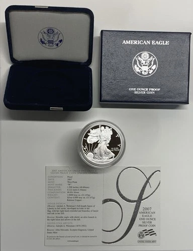 2007-W American Silver Eagle Proof 1 Troy oz .999 Fine Silver Coin in box w/COA