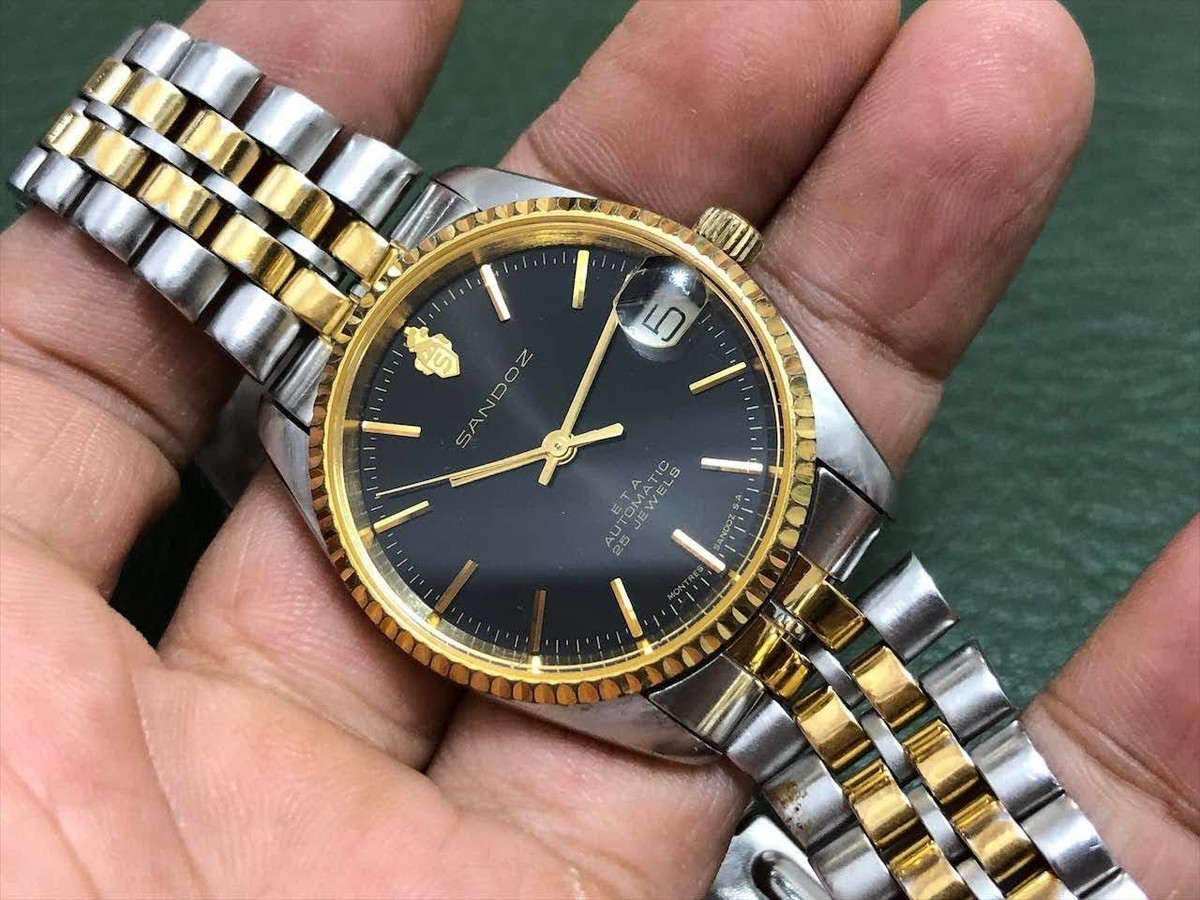 FREE SHIPPING! VTG SWISS SANDOZ BLACK 2824 AUTOMATIC MID-SIZ