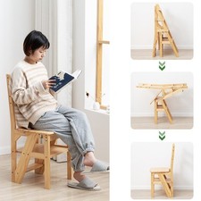 4-Step Ladder Folding Step Stool Pine Wooden Folding Library Ladder Chair UK