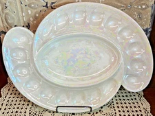 Vintage 1979 Opalescent Ceramic Deviled Egg Platter 18 Compartments 11" x 15"