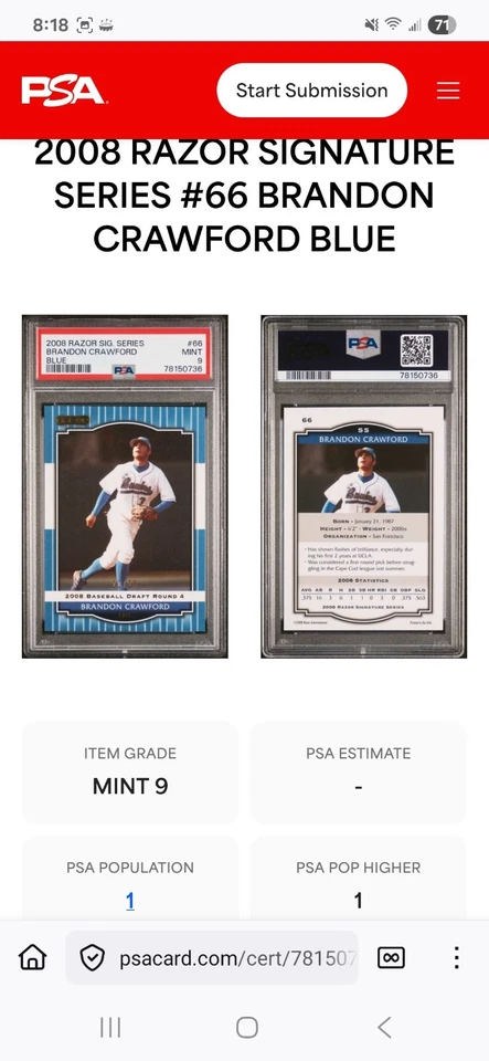 2008 Razor BRANDON CRAWFORD BLUE RC /25 PSA 9 Mint Color Match UCLA SF Giants - Image 4 of 4