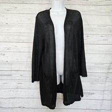 J Jill Womens Cardigan Sz Large Petite Solid Black Linen Blend Long Sleeve