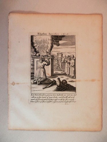 Original 17th-18th century, English Bible copper engraving, "Elijah's Sacrifice"