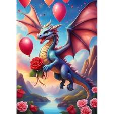 Postkarte.  Liebevolle Karte mit Drache und Rose