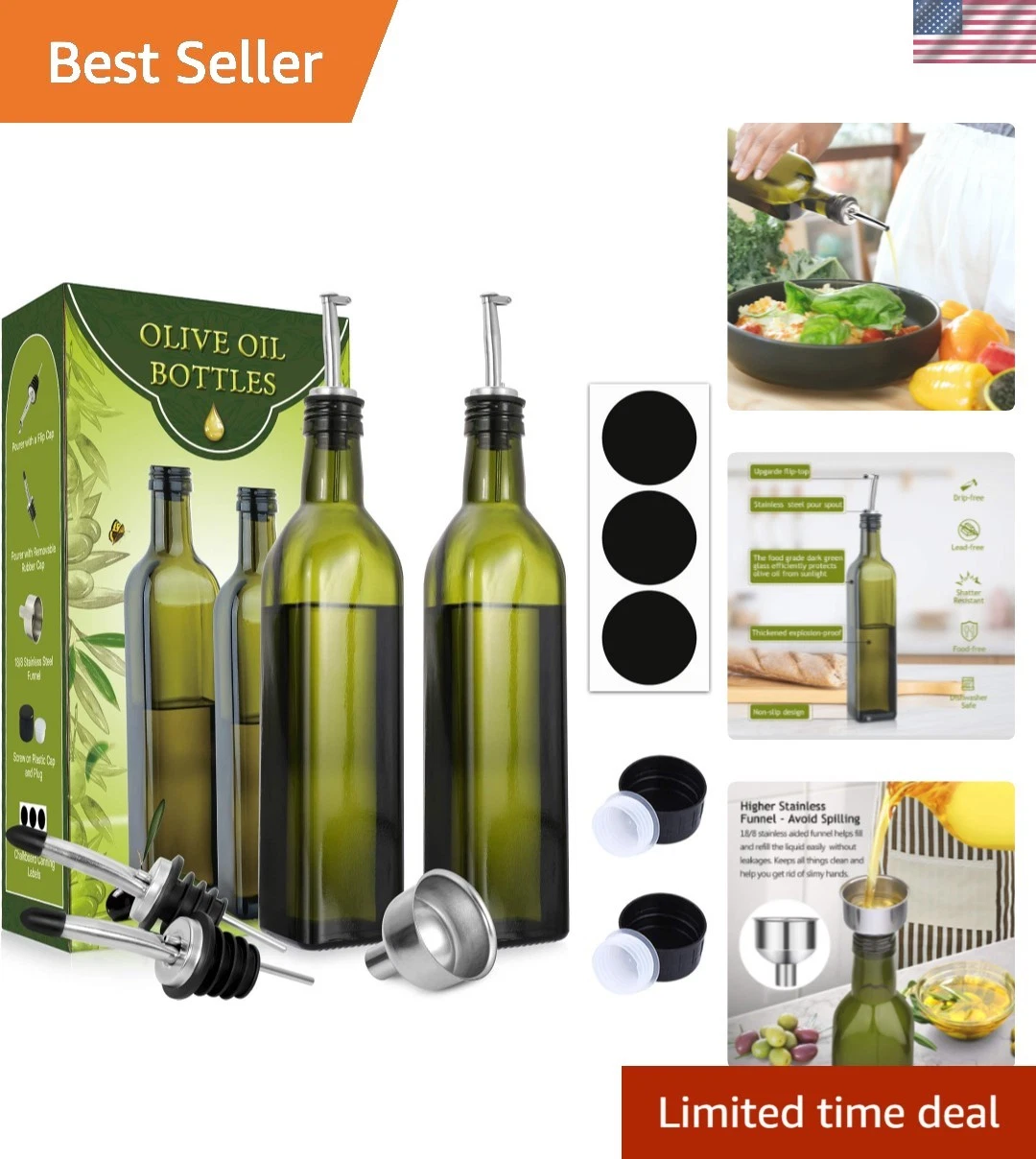 2 PACK 17 oz Glass Olive Oil Dispenser Bottle Set - 500ml Dark Green Oil & Vi...
