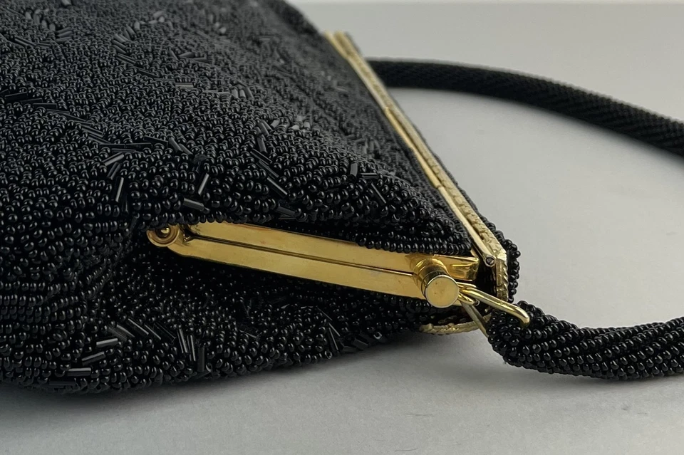 Vintage 50s Handmade Womens Black Beaded Gold-Tone Mini Handbag - Image 4 of 4