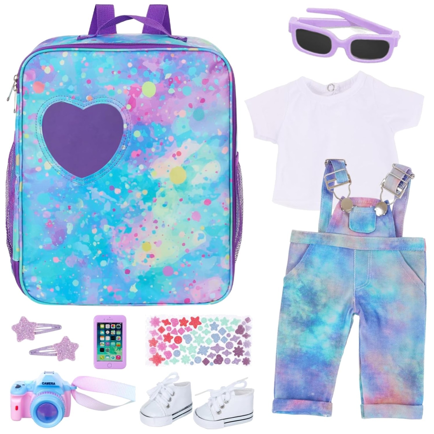 Juego Mochila Porta Muñecas - Azul/Púrpura Tie-Dye 10 Piezas
