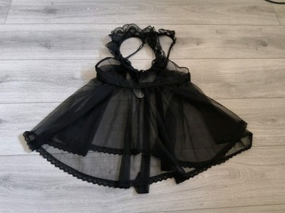BNWOT Ann Summers Sheer Black Chiffon & Lace Tie Back Babydoll Nightie Size Mdm
