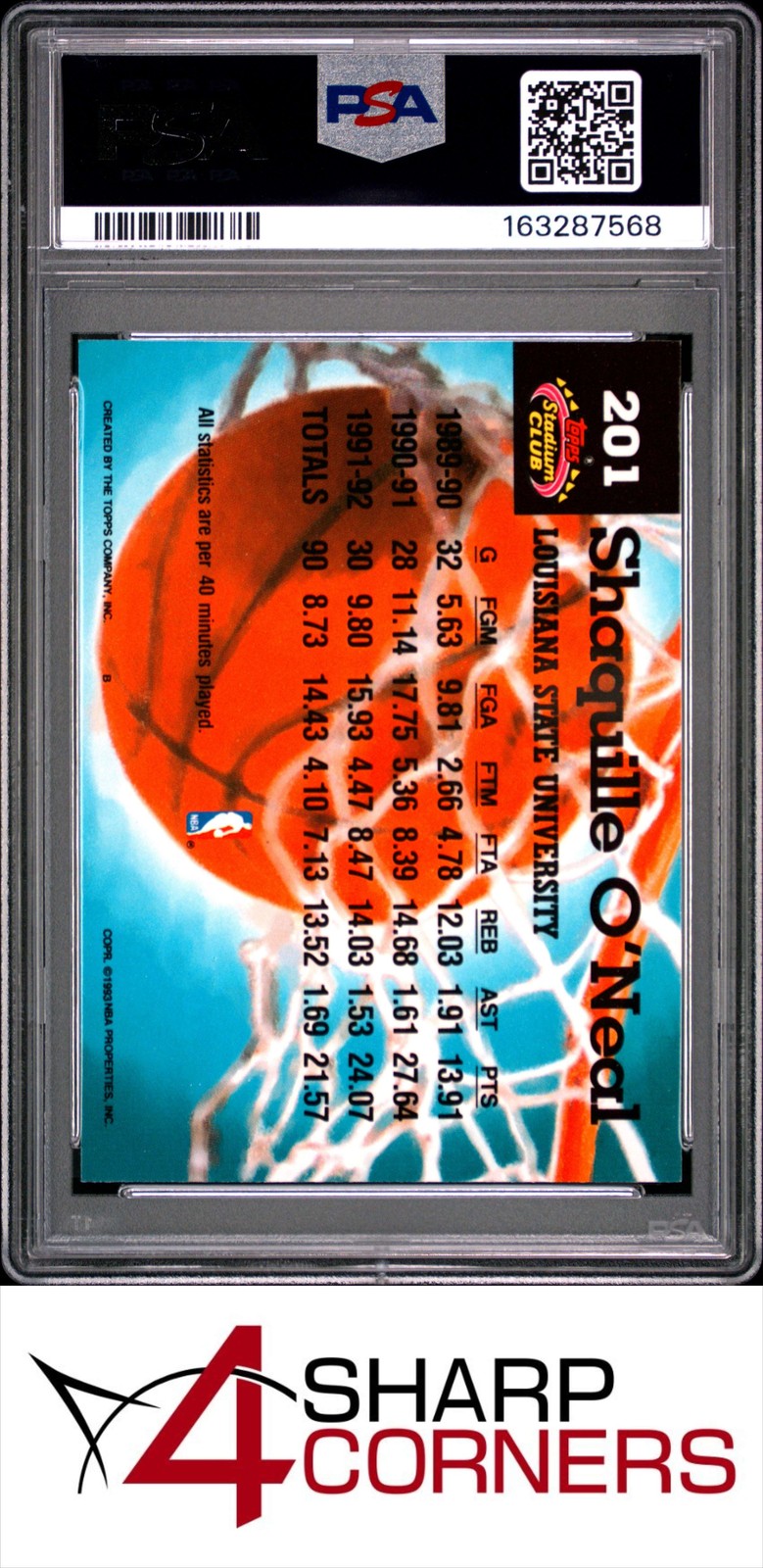 1992 STADIUM CLUB MEMBERS CHOICE #201 SHAQUILLE O'NEAL RC HOF PSA 9 view 2