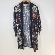 Sunseeker womens kimono duster robe size S black floral 3/4 sleeve rayon 120442