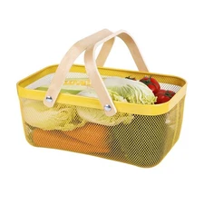 Portable Mesh Harvest Basket - Natural Bamboo Handle Foldable Organizer for K...