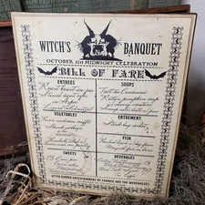 OLD VINTAGE PRIMITIVE RETRO STYLE HALL0WEEN WITCHES OCT 31 BANQUET MENU SIGN
