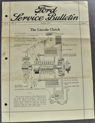 1923 Ford Service Bulletin Lincoln Clutch Fuel Tank/ Fan Belt Original 23