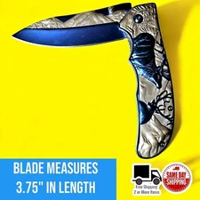 8.5" Heavy Blue / White Deer Elk Knife Stainless Steel Spring Assist
