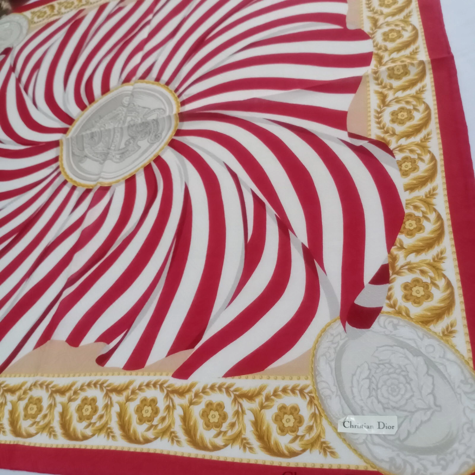 Christian Dior Beautiful Handkerchif Vintage Cotton Scarf Logo Red Gold 20.5