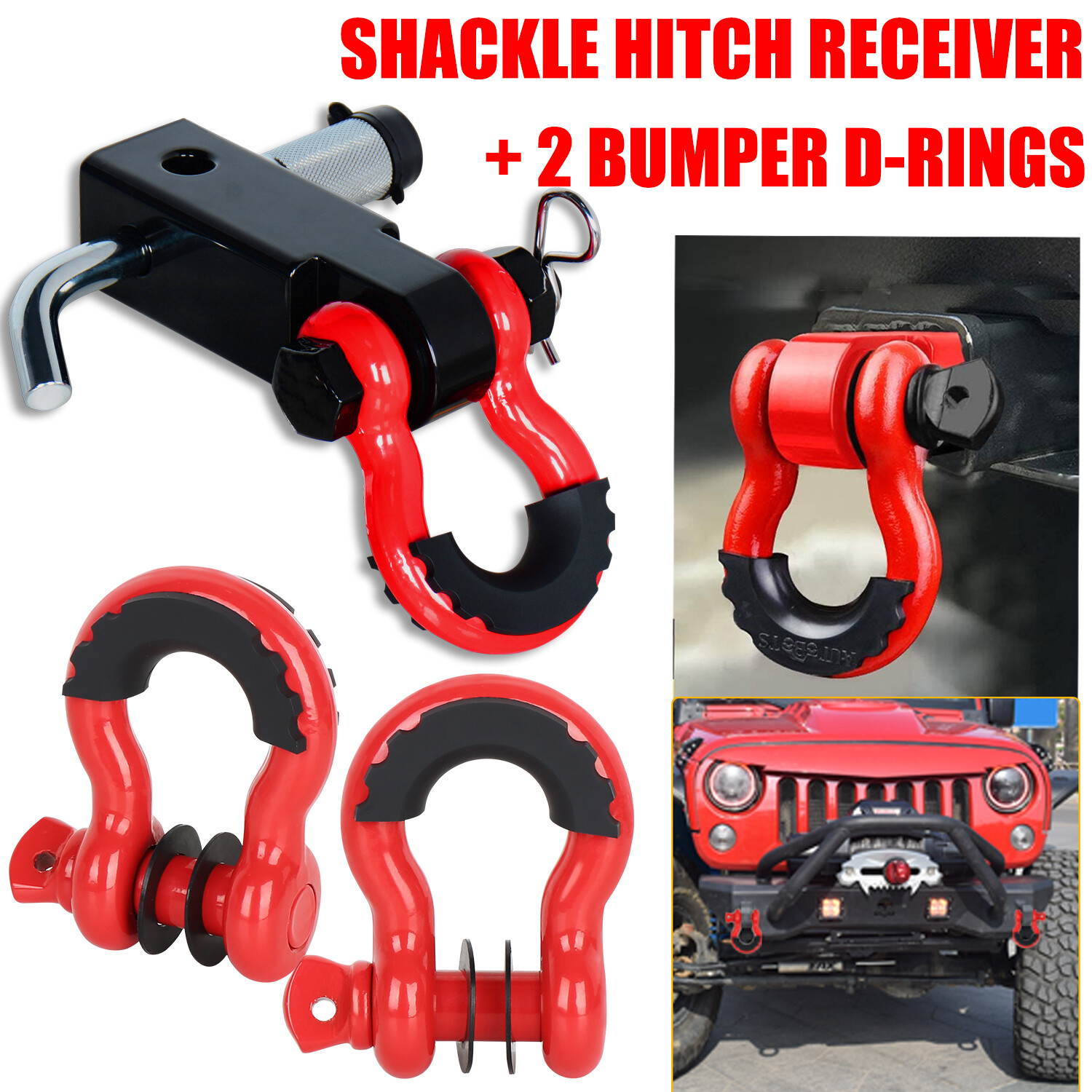 Red Shackle Hitch Receiver with 3/4 Inch D-Ring and Towing Hitch Lock for Bumper