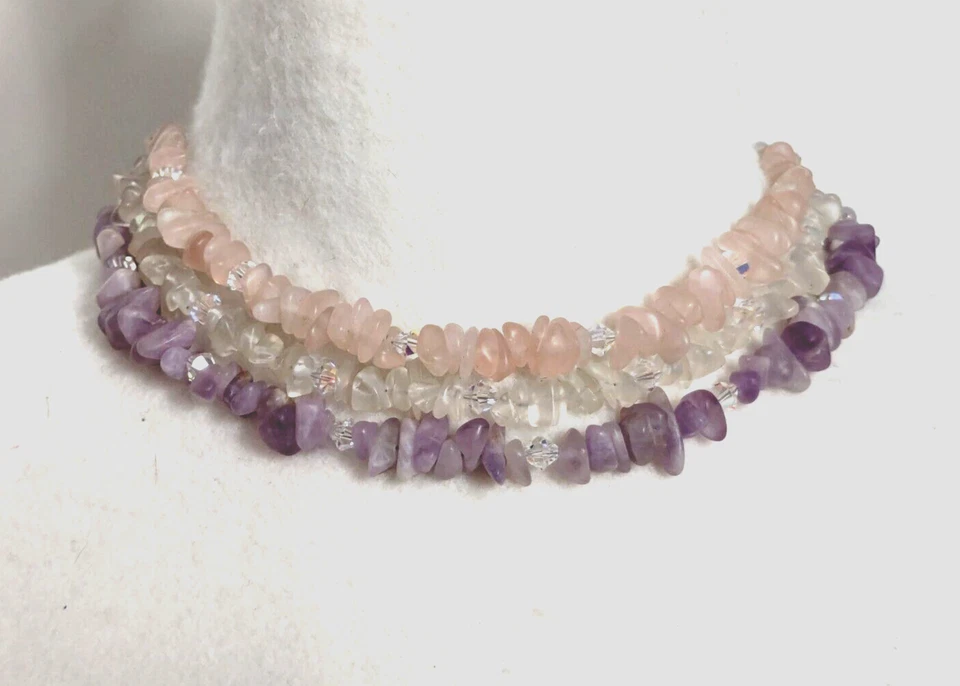 复古 3股宝石芯片透明粉红色石英、紫水晶和 AB 项链 18 — 第 3/4 张图片