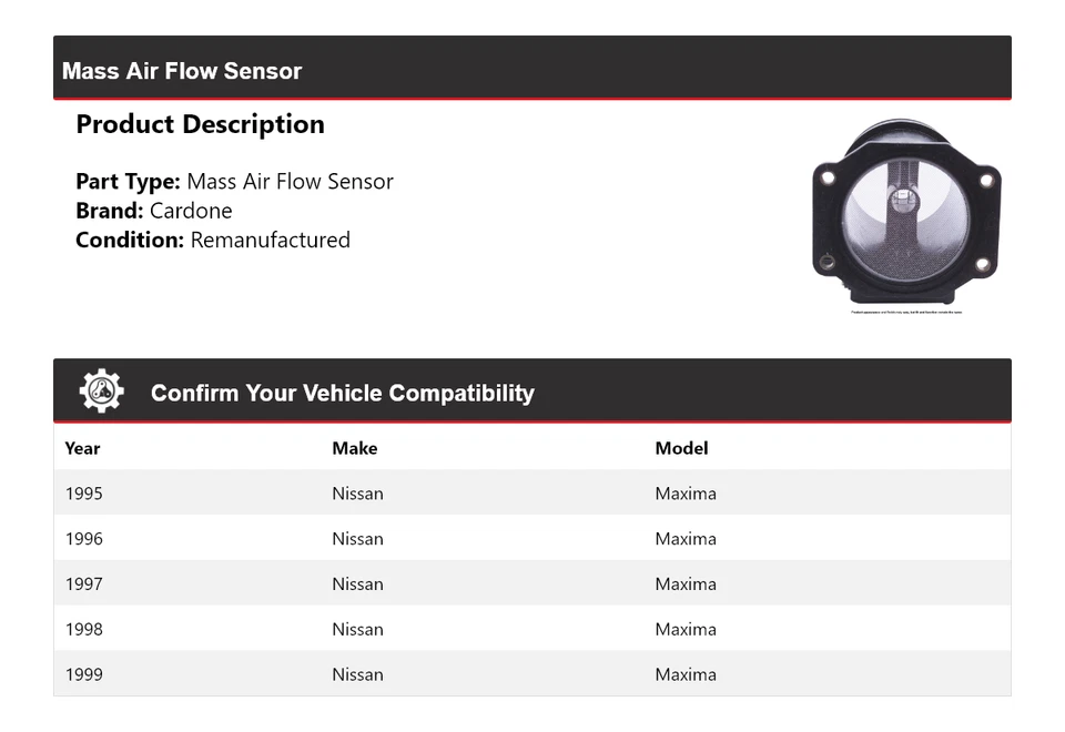 Sensor de flujo de aire de masa Cardone 1996 1997 1998 para Nissan Máxima 1995-1999 Foto 2 de 4