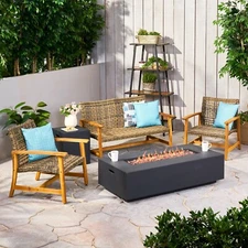 Allison Outdoor 5 Piece Wood and Wicker Chat Set with Fire Pit