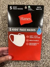 Hanes White Kid  s Face Mask 100 Cotton Reusable washable 5 each Package - NEW