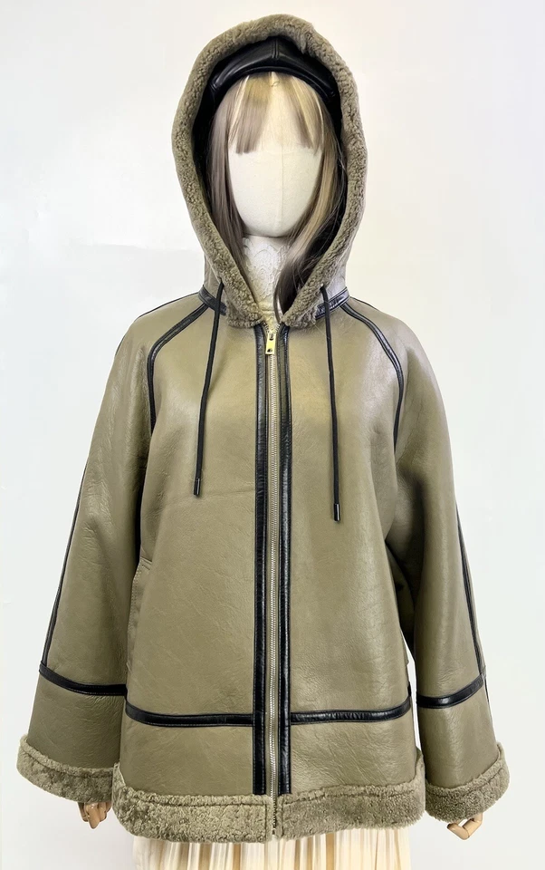 New Women Deep Olive Genuine Sheepskin Shearling Hooded Jacket US M Bust 45.5''