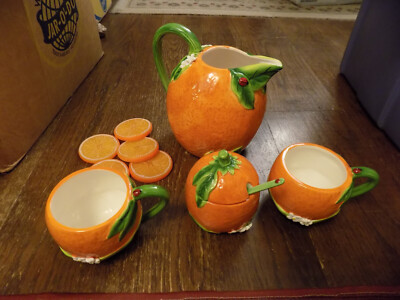 Lot Martha Stewart RARE SET Macys Orange Shaped Mugs Pitcher Sugar Bowl Spoon