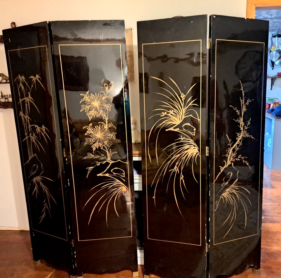 Madreperla vintage china de laca negra pintada a mano (divisor de habitaciones) Foto 4 de 4