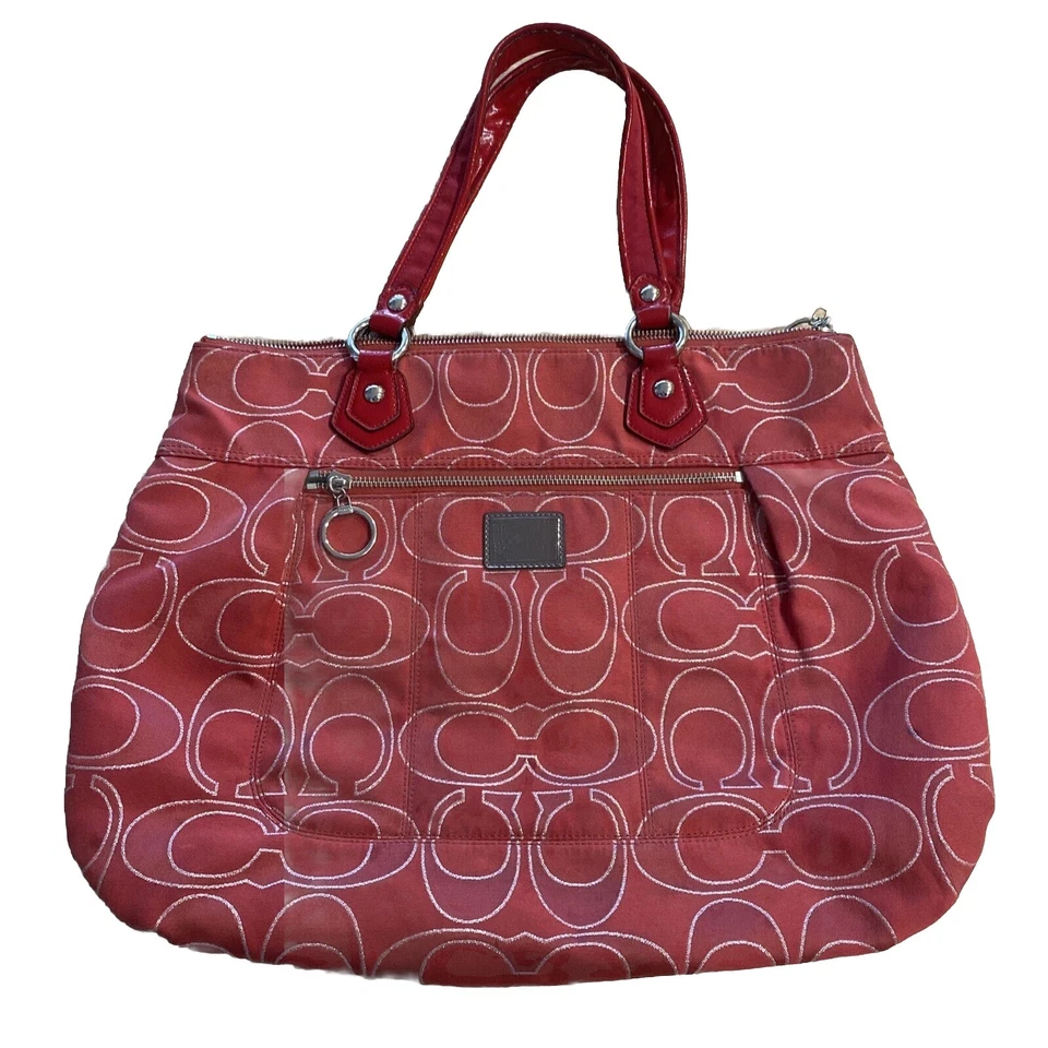 COACH poppy 17890 RUBY RED lurex outline Glam Tote shoulder bag purse handbag