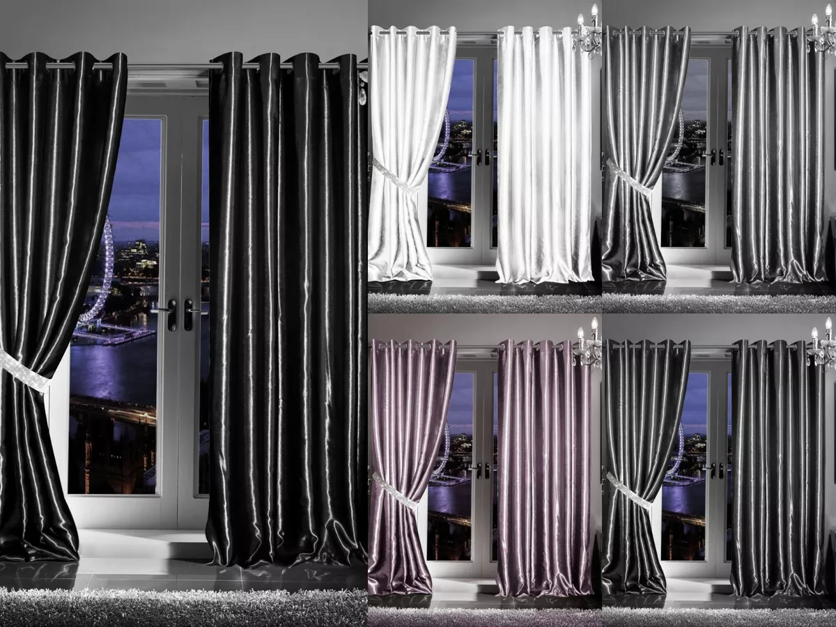 Satin Silk Look Luxury Blackout Thermal Insulated Curtains Ready Made Ring Top