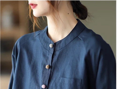 Retro Womens Cotton Linen Blouse Loose Casual Tunic Top Button Summer T-shirts - Photo 8/22