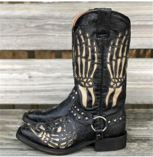 Mens Embroidered Cowboy Boots Western Shoes Skull Pattern Square Head Casual new - Picture 5 of 6