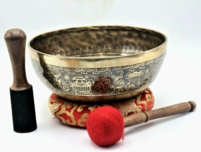 10 inch Mantra etched Tibetan singing bowl, handmade in Nepal, meditation, yoga
