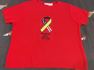 Y2k Short Sleeve Red Knit Sweater Womens XL Support Peace Troops Infinity Ribbon