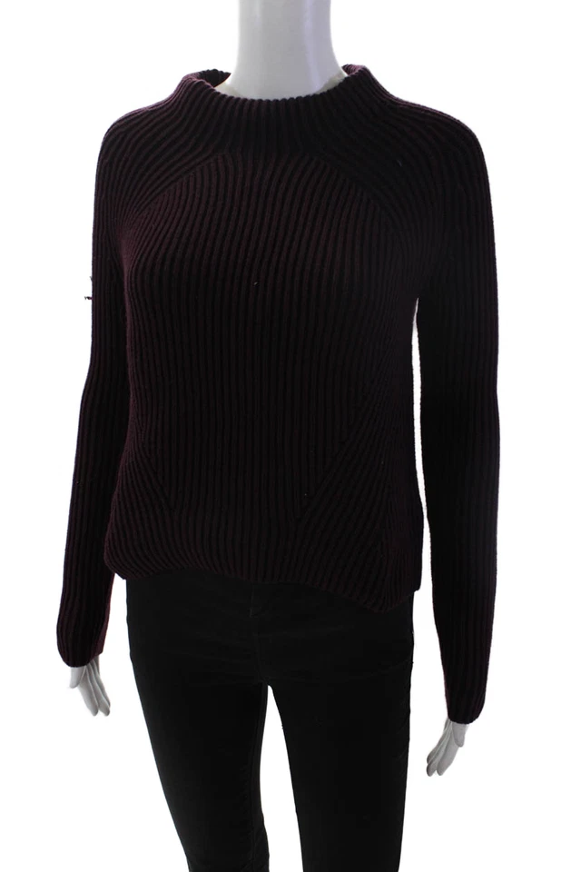 Athleta Womens Long Sleeve Mock Neck Striped Ribbed Sweater Purple Black 2XS - Image 2 of 4