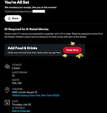 The Odyssey IMAX 70mm 2 Tickets AMC Lincoln Square NYC July 30 10PM Row F Center