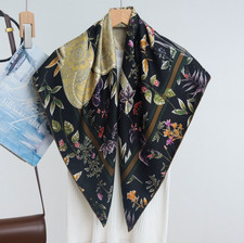 Pure 14 Momme Twill Silk Bandanna Scarf Wrap Square Shawl Steed Print 88X88cm