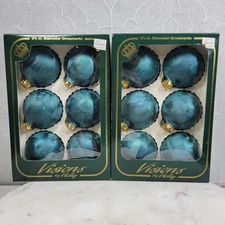 Vtg Visions by Holly Feather Glass Ornaments 2.75" Blue Gold Caps Set of 12 USA