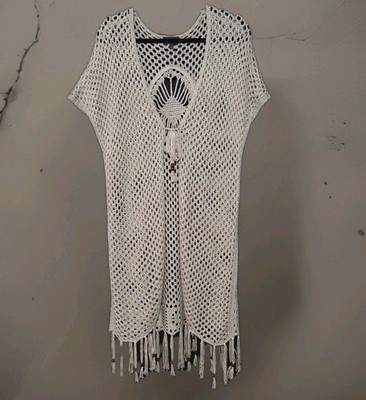 Artesia XL Crochet Kimono Duster Cap Sleeve Tie Fringe Cardigan Beach Cover EC