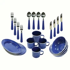 24 Piece Dinnerware Enamel Set Dinner Plates Bowls Coffee Mugs Forks knives