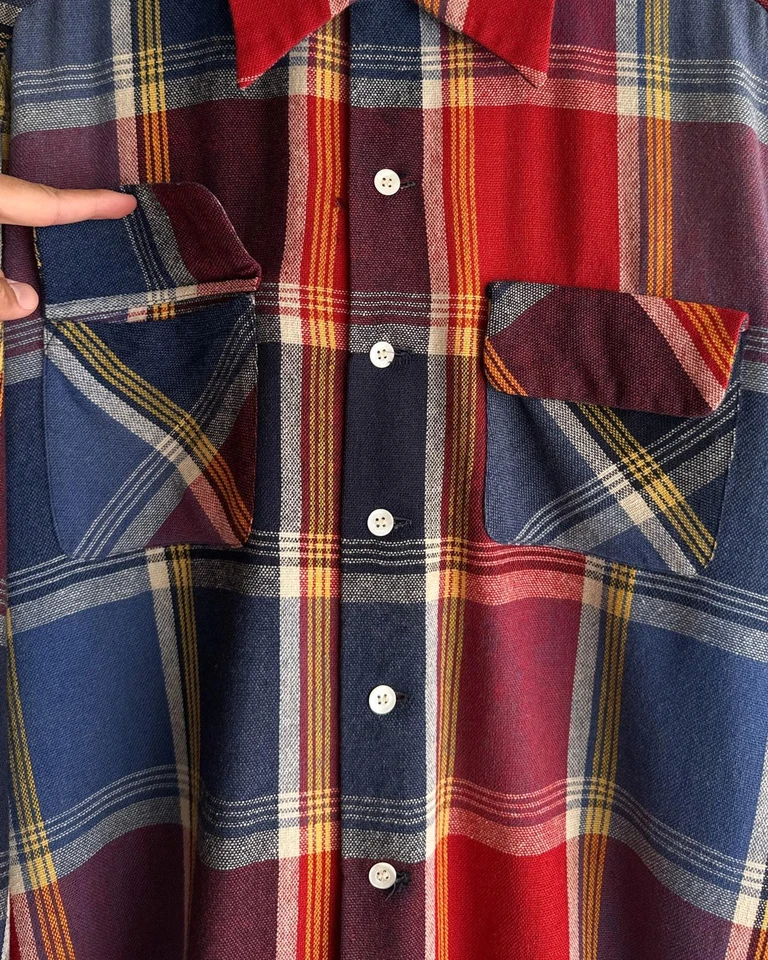 Vintage 1950s Mc Gregor Plaid Flannel Shirt Men's L Loop Collar Mod Multicolor - Image 3 of 4