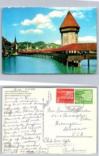Vintage 1964 Lucerne Switzerland Chapel Bridge Water Tower Postcard